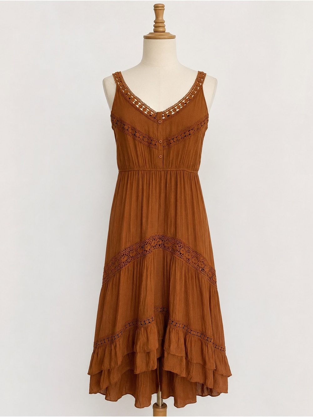 Maxi Sundress Boho Lace Ruffle Crochet Dress Tiered Bohemian High Low Dress L